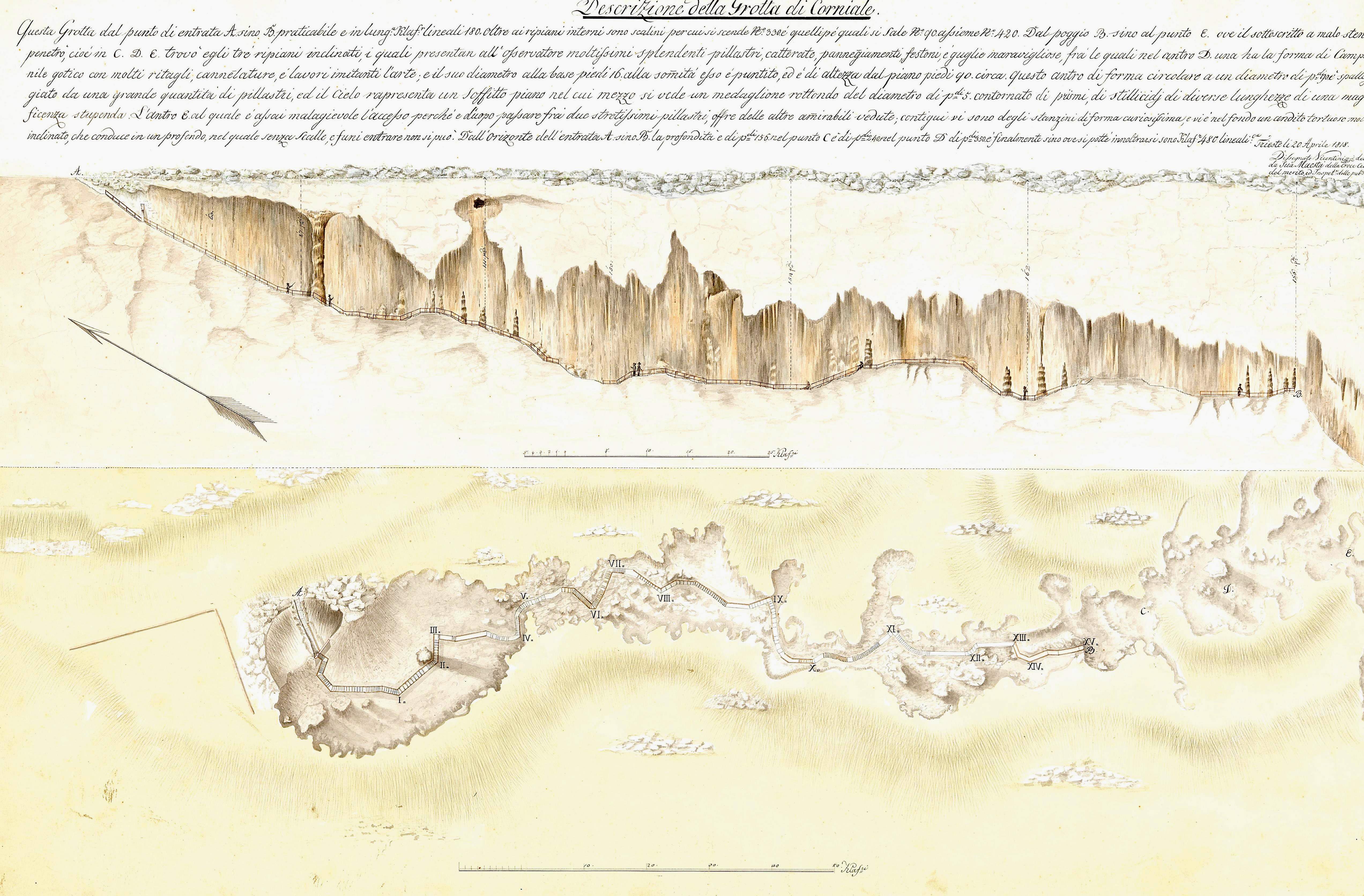 The map of the cave in Vilenica, watercolour on paper.